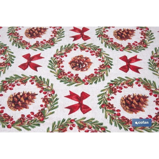 ROLLO DE MANTEL RESINADO ANTIMANCHAS LAZOS Y PIÑAS 75% ALGODÓN 25% POLIÉSTER 1,40 X 15 M