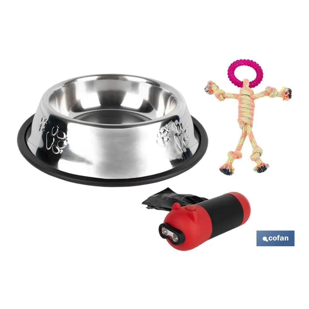 PACK DE DISPENSADOR DE BOLSAS MASCOTA, COMEDERO BEBEDERO Y JUGUETE MORDEDOR PERROS