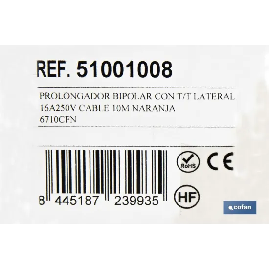 PROLONGADOR BIPOLAR CON T/T LATERAL 16A250V CABLE 10M NARANJA