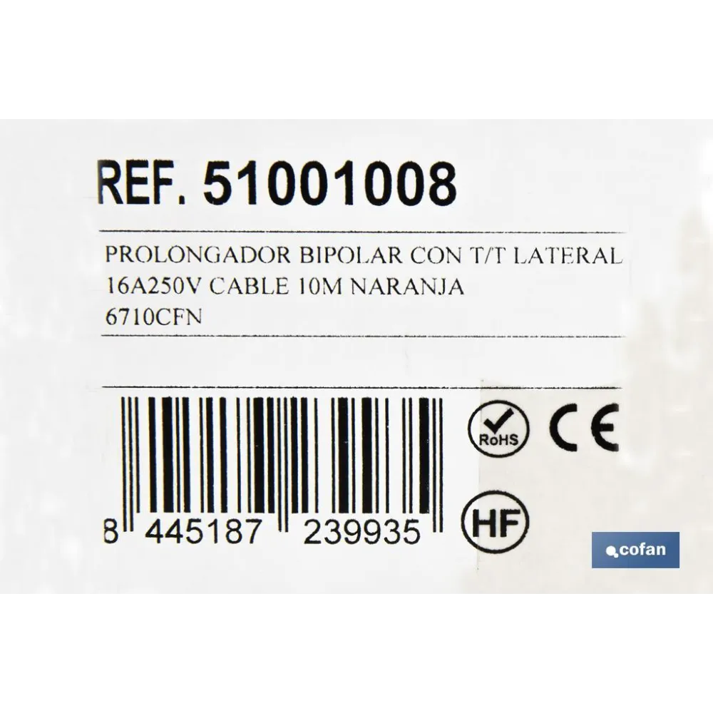 PROLONGADOR BIPOLAR CON T/T LATERAL 16A250V CABLE 10M NARANJA