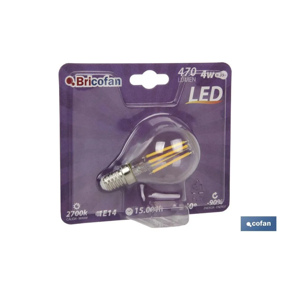 BOMBILLA LED ESFERICA FILAMENTO E14 4W 470LM 2700K
