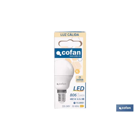 BOMBILLA LED ESFÉRICA E14 6.5 W 806 LM 3000 K