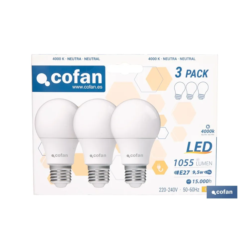 PACK DE 3 BOMBILLAS LED CLASSIC E27 9.5 W 1055 LM 4000 K