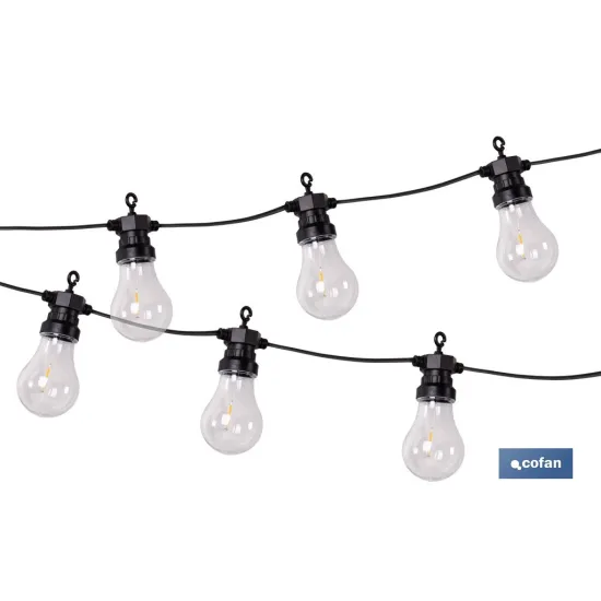 GUIRNALDA DE BOMBILLAS LED 10 UDS. CON PANEL SOLAR A19 3,7 V 1,2 Ah IP44 2700 K 4,5 + 3 M
