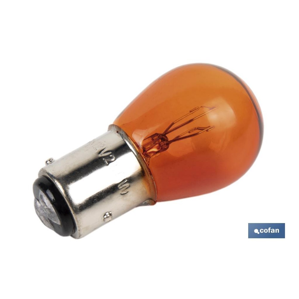 LÁMPARA COFAN 2 POLOS ÁMBAR DESCENTRADA P21/5W (BAZ15d) 12V venta unitaria
