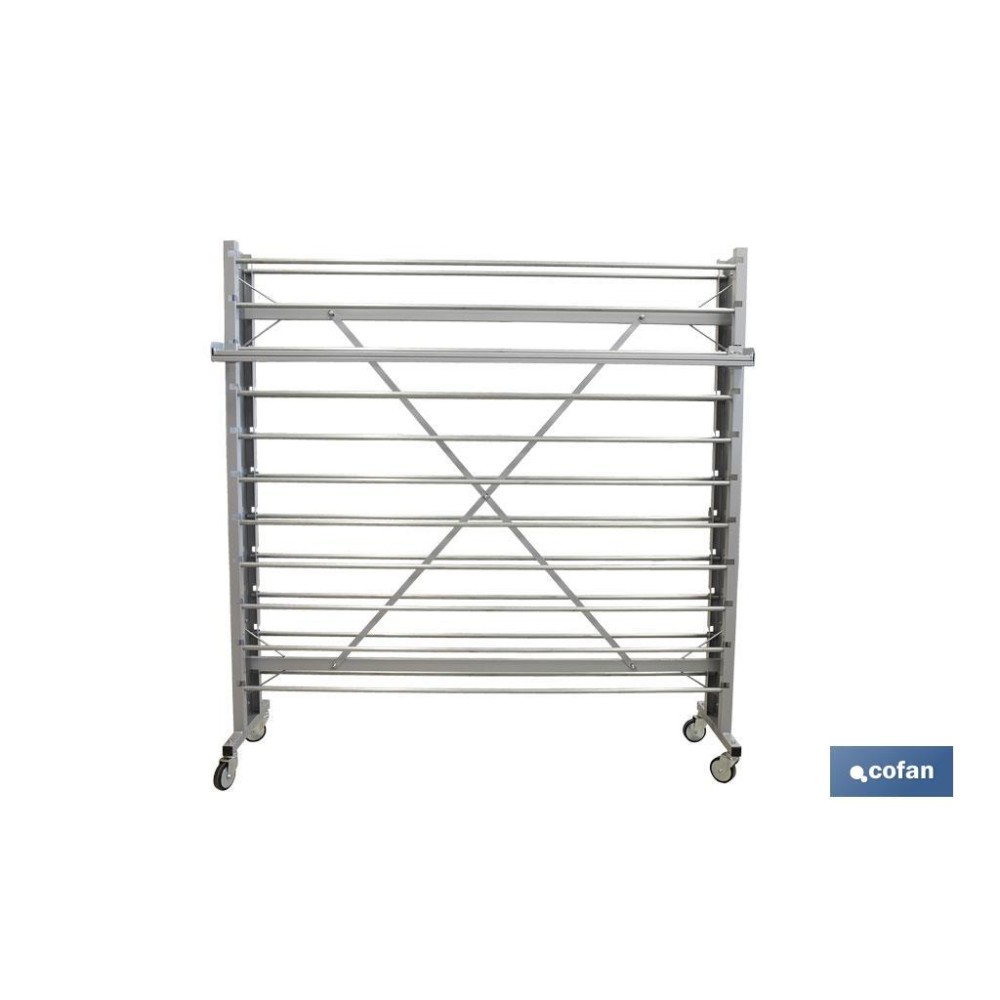 EXPOSITOR DE HULES Y MANTELES HORIZONTAL CON CORTADOR Y RUEDAS PARA 22 ROLLOS