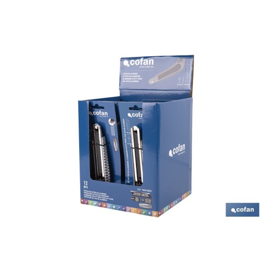 EXPOSITOR DE CÚTER DE ALUMINIO 18 MM 12 UDS.