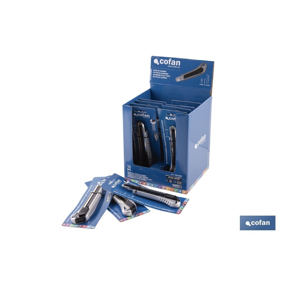 EXPOSITOR DE CÚTER DE ALUMINIO 18 MM 12 UDS.