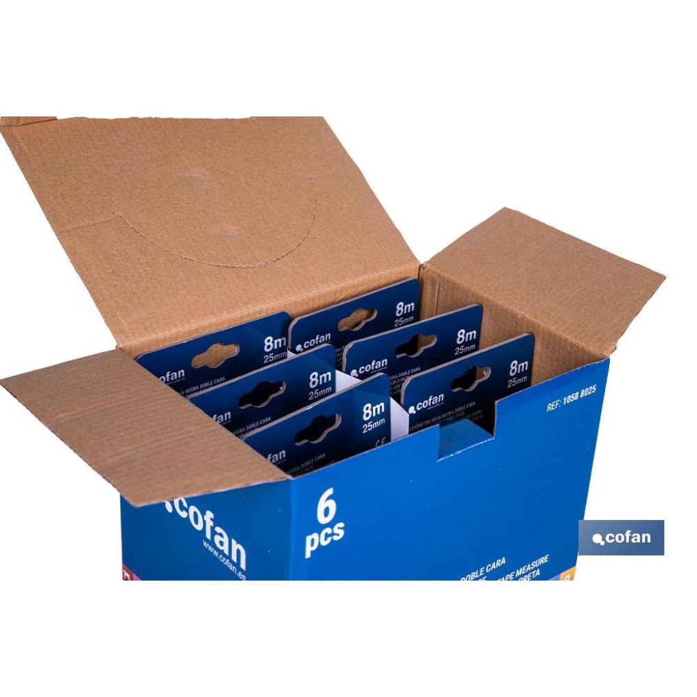 EXPOSITOR FLEXÓMETRO HOJA NEGRA DOBLE CARA 25 MM X 8 M 6 UDS.