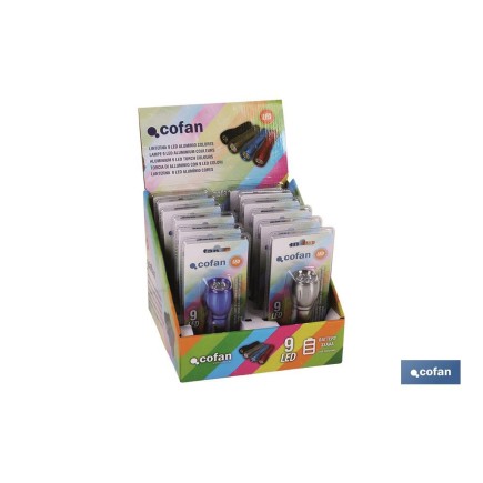 EXPOSITOR 12 UDS LINTERNA 9 LED ALUMINIO COLORES