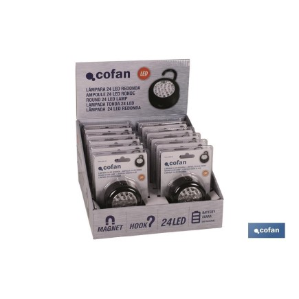 EXPOSITOR 12 UDS LINTERNA 24 LED IMAN/GANCHO