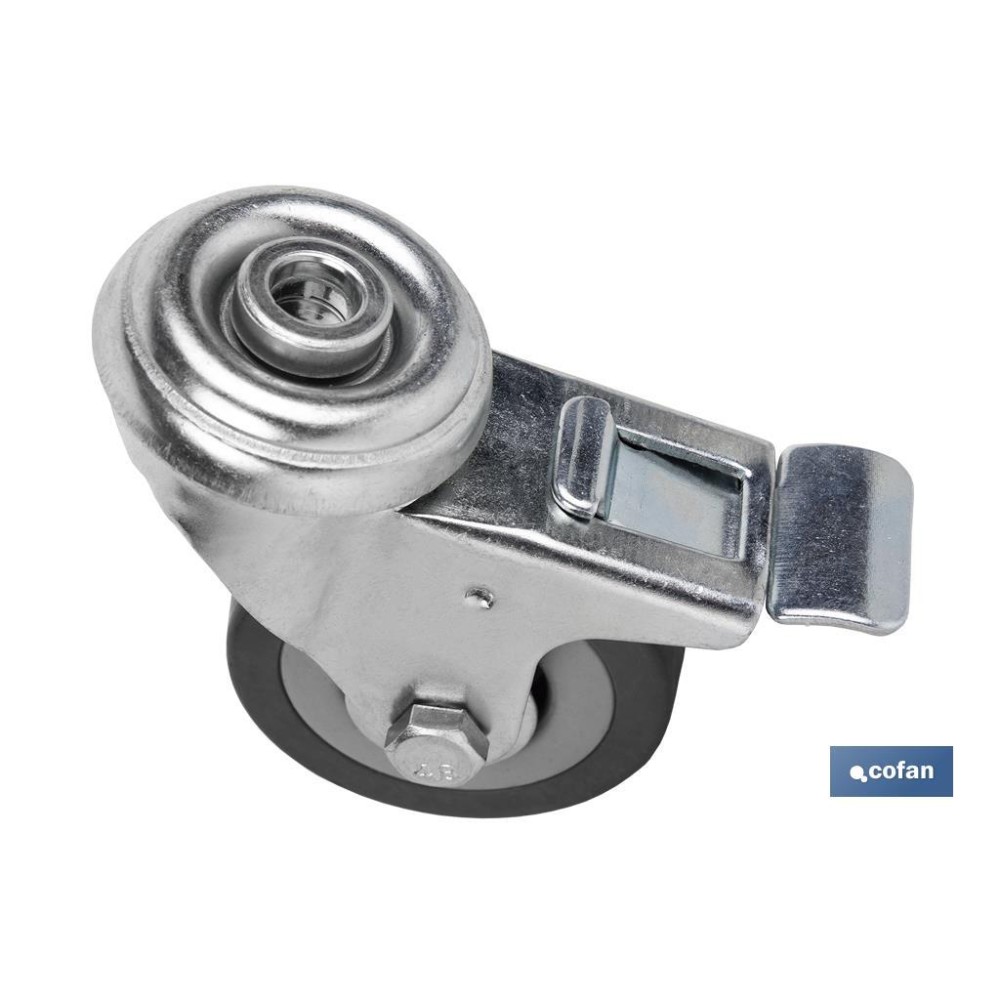RUEDA DE GOMA GRIS CON AGUJERO PASANTE Y FRENO Ø50 X 18 MM