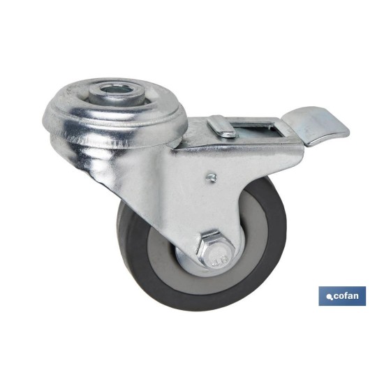 RUEDA DE GOMA GRIS CON AGUJERO PASANTE Y FRENO Ø50 X 18 MM Venta unitaria