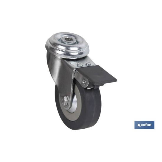 RUEDA DE GOMA GRIS CON AGUJERO PASANTE Y FRENO Ø65 X 22 MM Venta unitaria