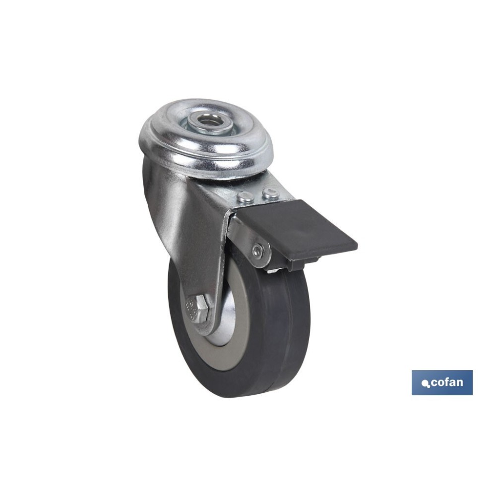 RUEDA DE GOMA GRIS CON AGUJERO PASANTE Y FRENO Ø65 X 22 MM Venta unitaria