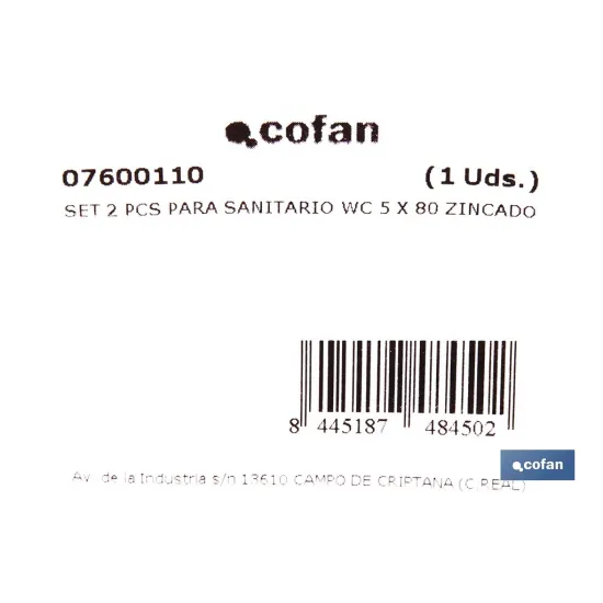 Comprar SET 2 PCS PARA SANITARIO WC 5 X 80  Cofan | almacendeferreteriacor.es