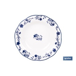 VAJILLA DE PORCELANA CON DETALLE FLORAL AZUL ESMALTADO DE FORMA IRREGULAR 18 PIEZAS