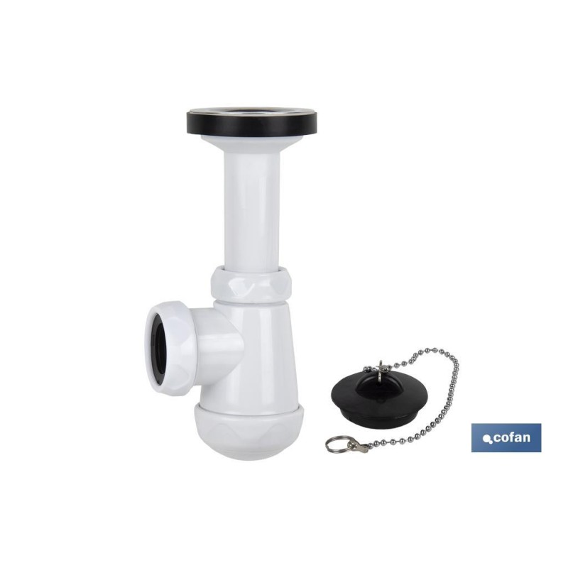 SIFÓN BOTELLA CORTO CON SALIDA Ø32-40 Y VÁLVULA LAVABO BIDÉ 1 1/4 x 70