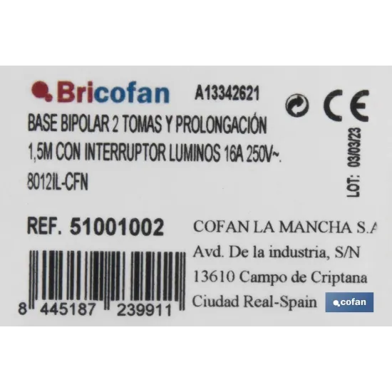 Comprar BASE BIPOLAR 2 TOMAS Y PROLONGACIÓN Cofan | almacendeferreteriacor.es