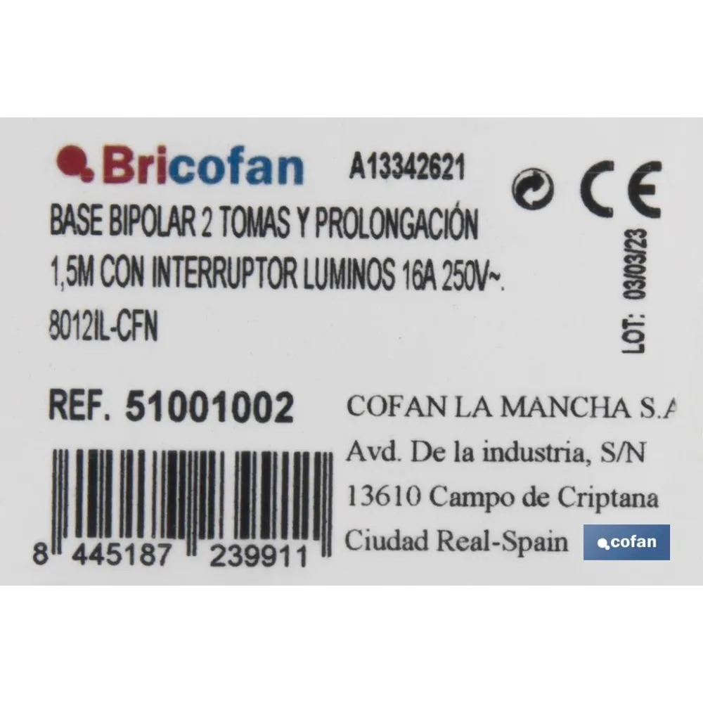 Comprar BASE BIPOLAR 2 TOMAS Y PROLONGACIÓN Cofan | almacendeferreteriacor.es