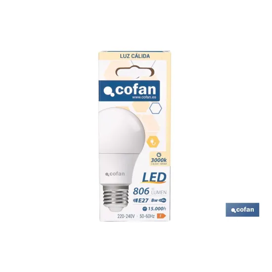 Comprar BOMBILLA LED CLASSIC E27 8 W 806 LM Cofan | almacendeferreteriacor.es