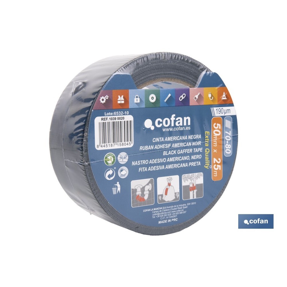 CINTA AMERICANA NEGRA 190 MICRAS 50 MM X 25 M