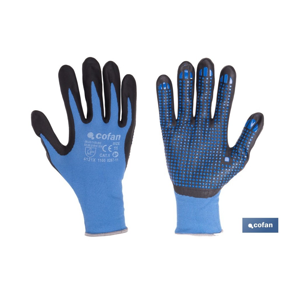 GUANTE IMPREGNADO CON PUNTOS AZULES DE NITRILO TALLA 8 VENTA UNITARIA