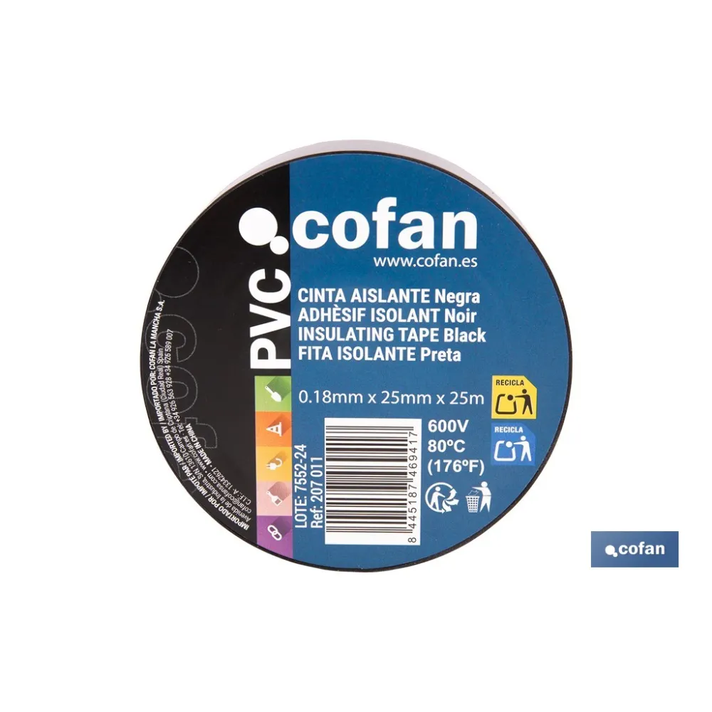 Comprar CINTA AISLANTE 180 MICRAS NEGRA 25  Cofan | almacendeferreteriacor.es