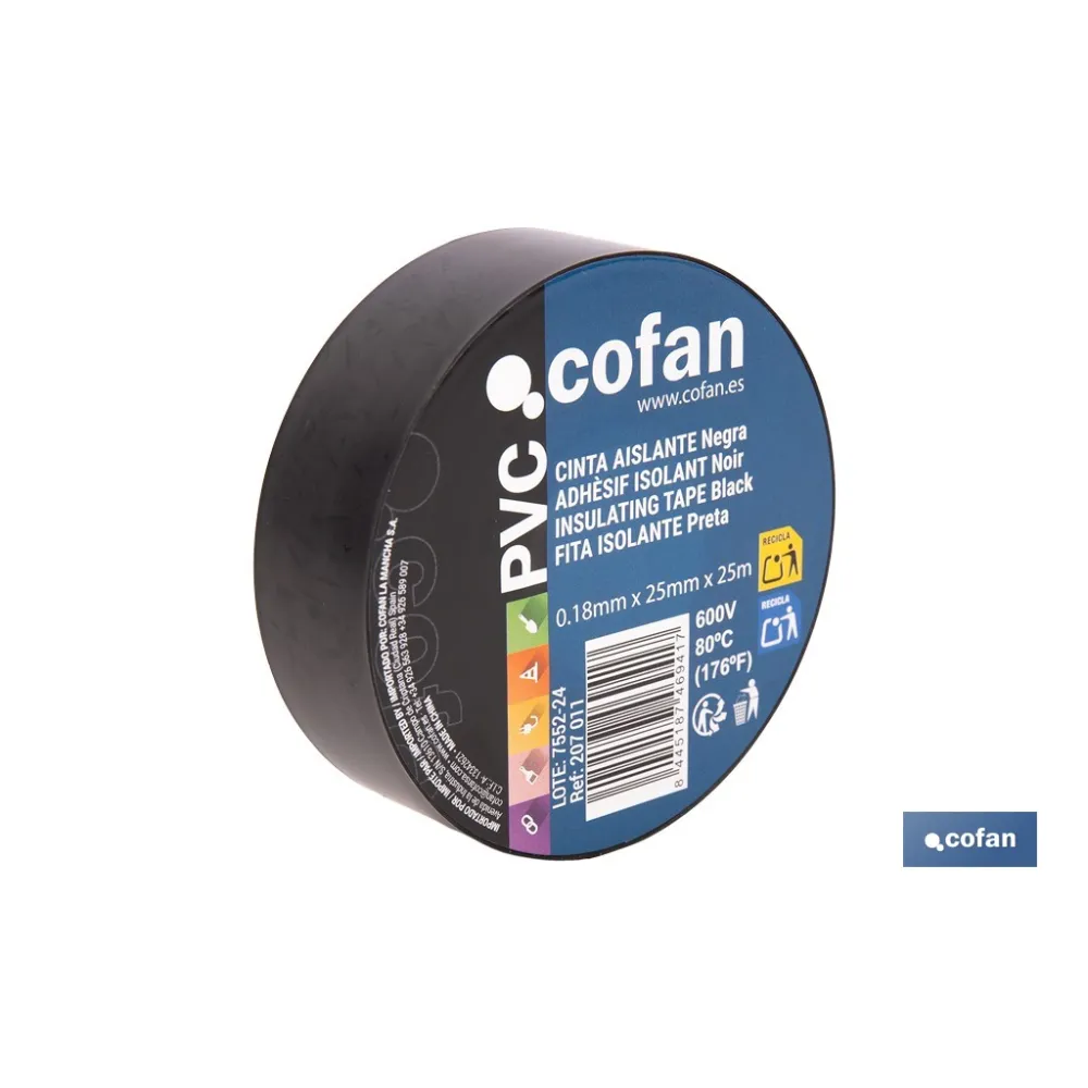 Comprar CINTA AISLANTE 180 MICRAS NEGRA 25  Cofan | almacendeferreteriacor.es