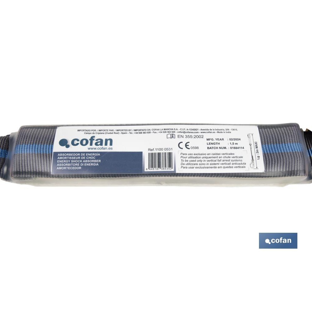 ESLINGA BIFURCADA DE CUERDA TRENZADA CON ABSORBEDOR DE ENERGÍA 1,50 M Y 2 GANCHOS