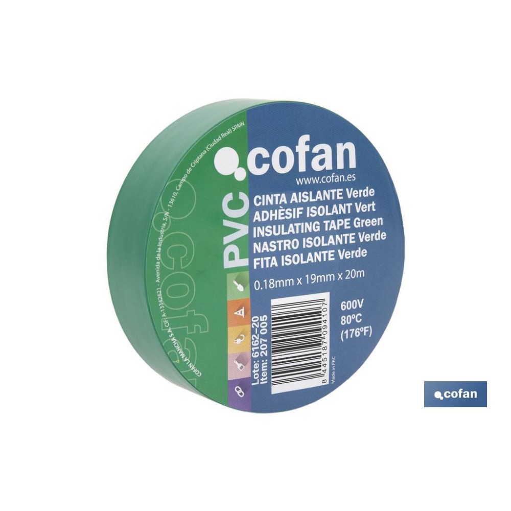 CINTA AISLANTE 180 Micras VERDE 19mmX20 Metros venta unitaria