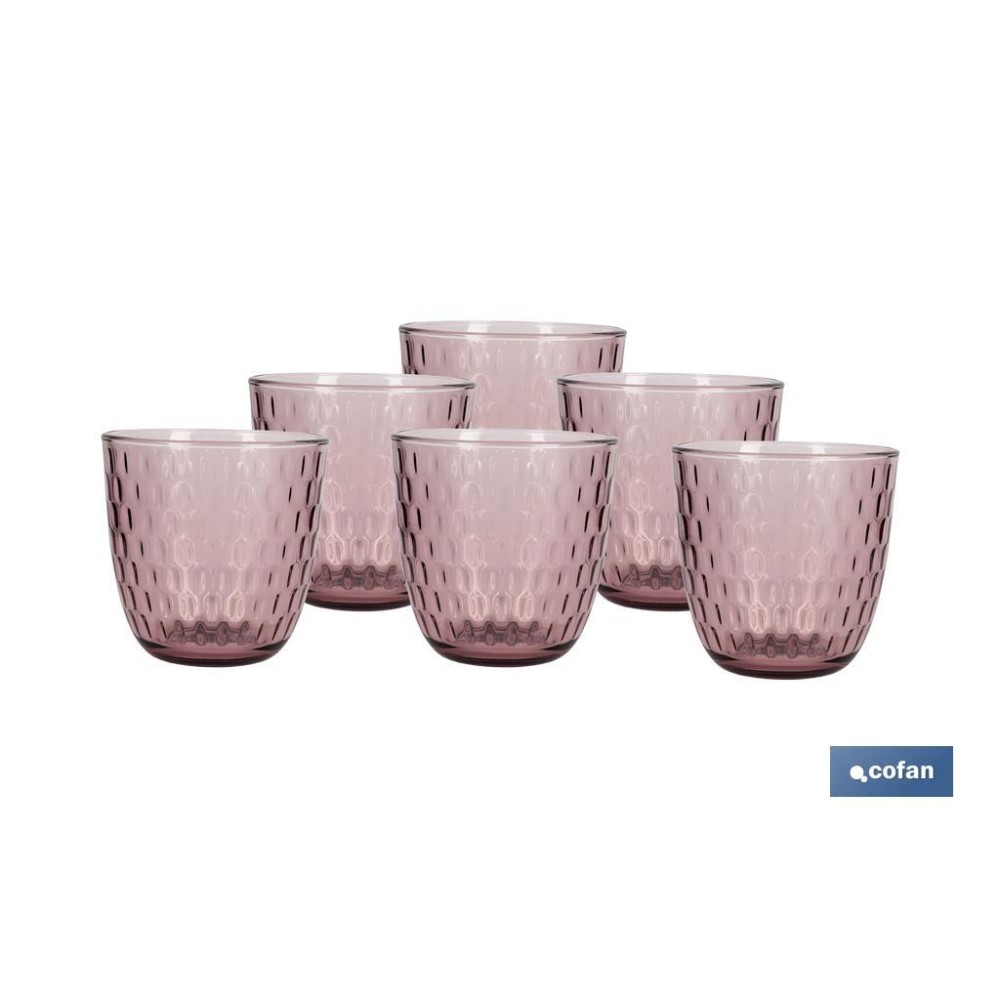 PACK 6 VASOS DE AGUA VIDRIO 29 CL COLOR PURPURA CLARO MODELO ÓPALO