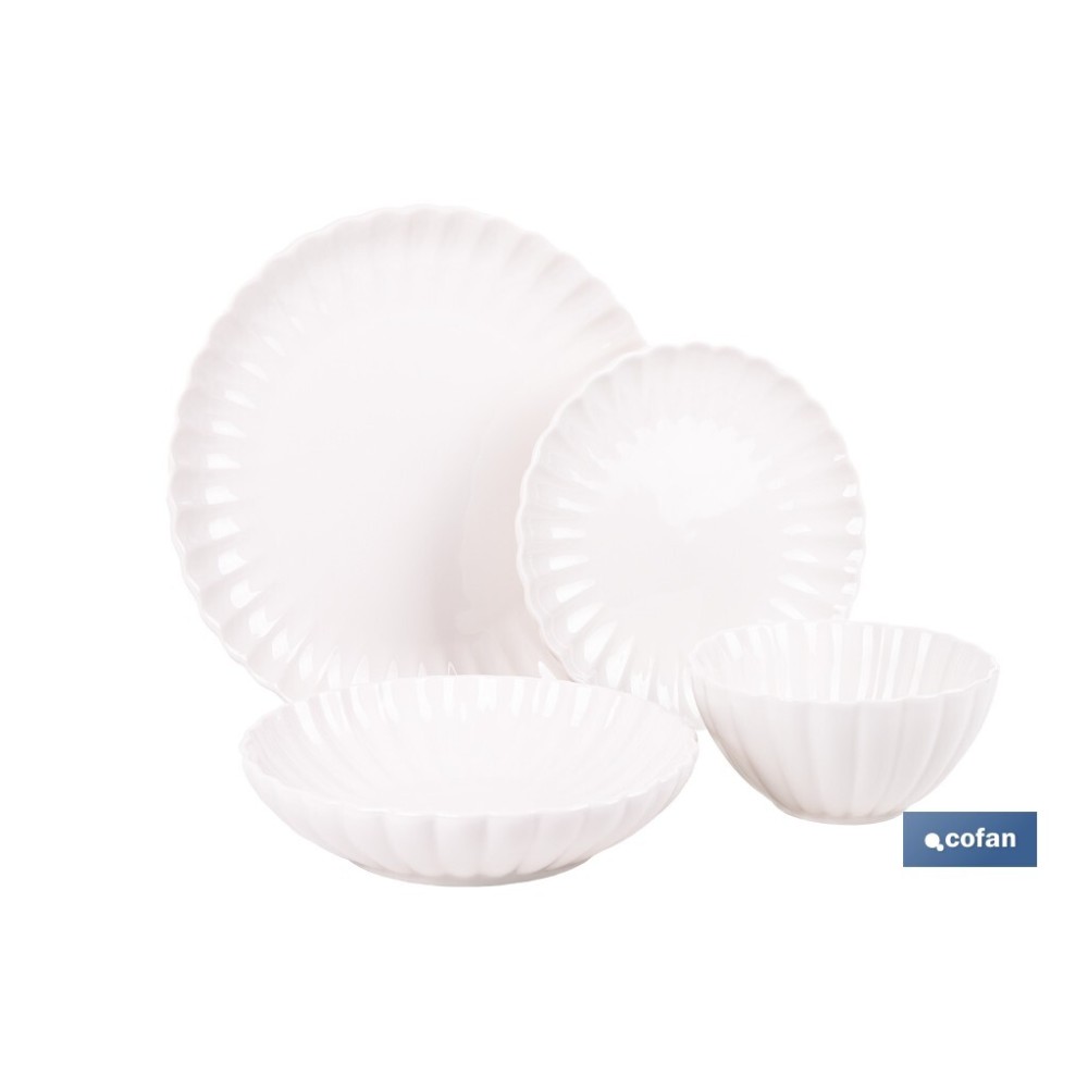 VAJILLA DE PORCELANA EN RELIEVE COLOR BLANCO ESMALTADO 16 PIEZAS