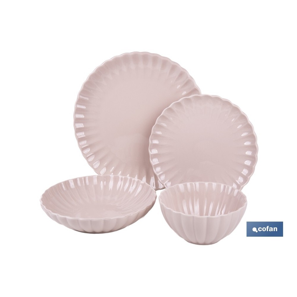VAJILLA DE PORCELANA EN RELIEVE COLOR ROSA NUDE ESMALTADO 16 PIEZAS