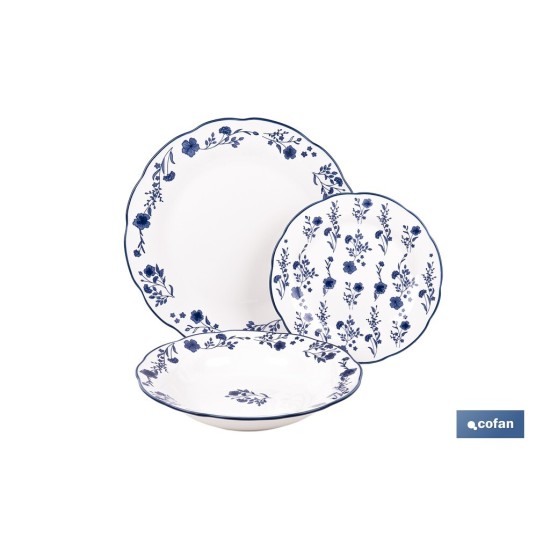 VAJILLA DE PORCELANA CON DETALLE FLORAL AZUL ESMALTADO DE FORMA IRREGULAR 18 PIEZAS