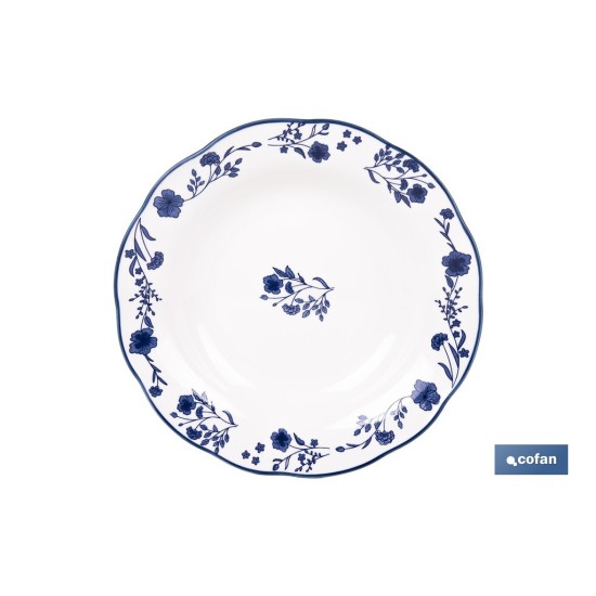 VAJILLA DE PORCELANA CON DETALLE FLORAL AZUL ESMALTADO DE FORMA IRREGULAR 18 PIEZAS