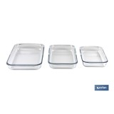 SET DE 3 FUENTES RECTANGULARES DE VIDRIO BOROSILICATO MODELO BARITINA 1600ML-2200ML-3000ML
