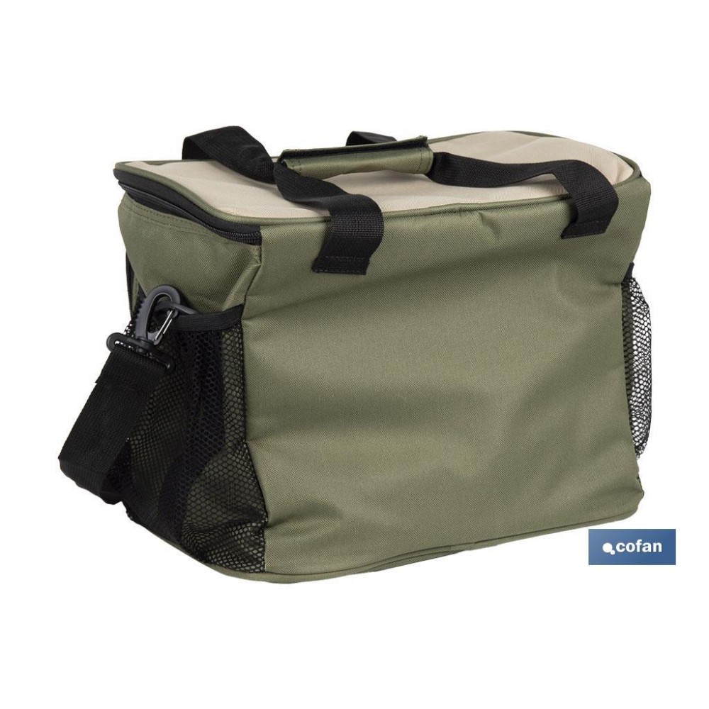 NEVERA TEXTIL PORTÁTIL MULTIBOLSILLOS COLOR VERDE/BEIGE 20 L