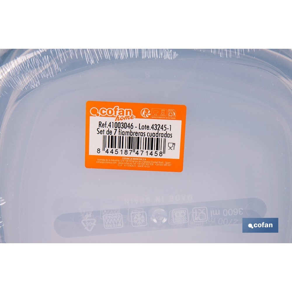 SET DE 7  FIAMBRERAS CUADRADAS 220/350/600/1200/2000/2700/3600 ML