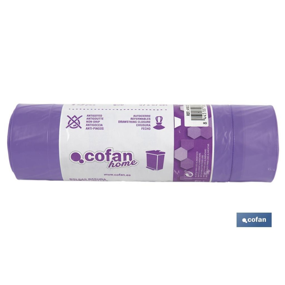 BOLSA DE BASURA AUTOCIERRE PERFUMADA LAVANDA 57 X 57 G.90 COLOR VIOLETA 15 UDS 30l