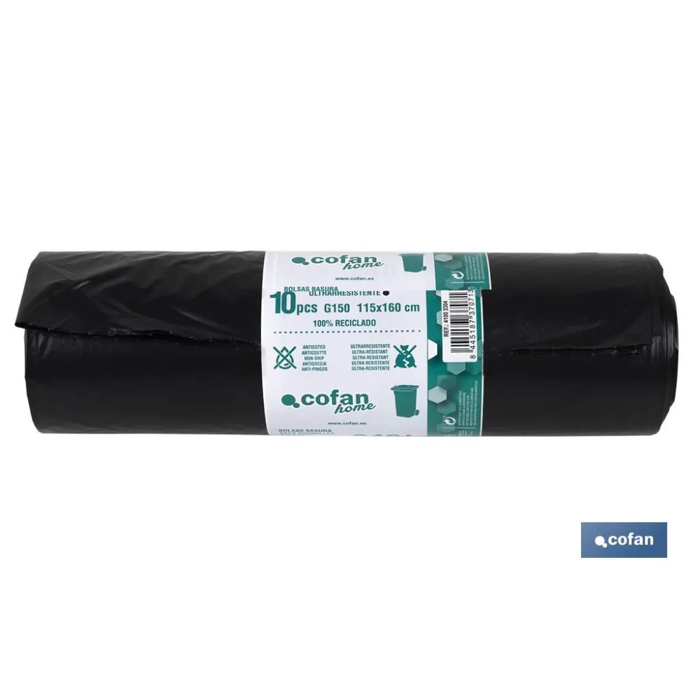 PACK 10 BOLSAS BASURA115x160cm GALGA 150 NEGRO (PACK: 1 UDS) - Almacén de Ferretería Acor