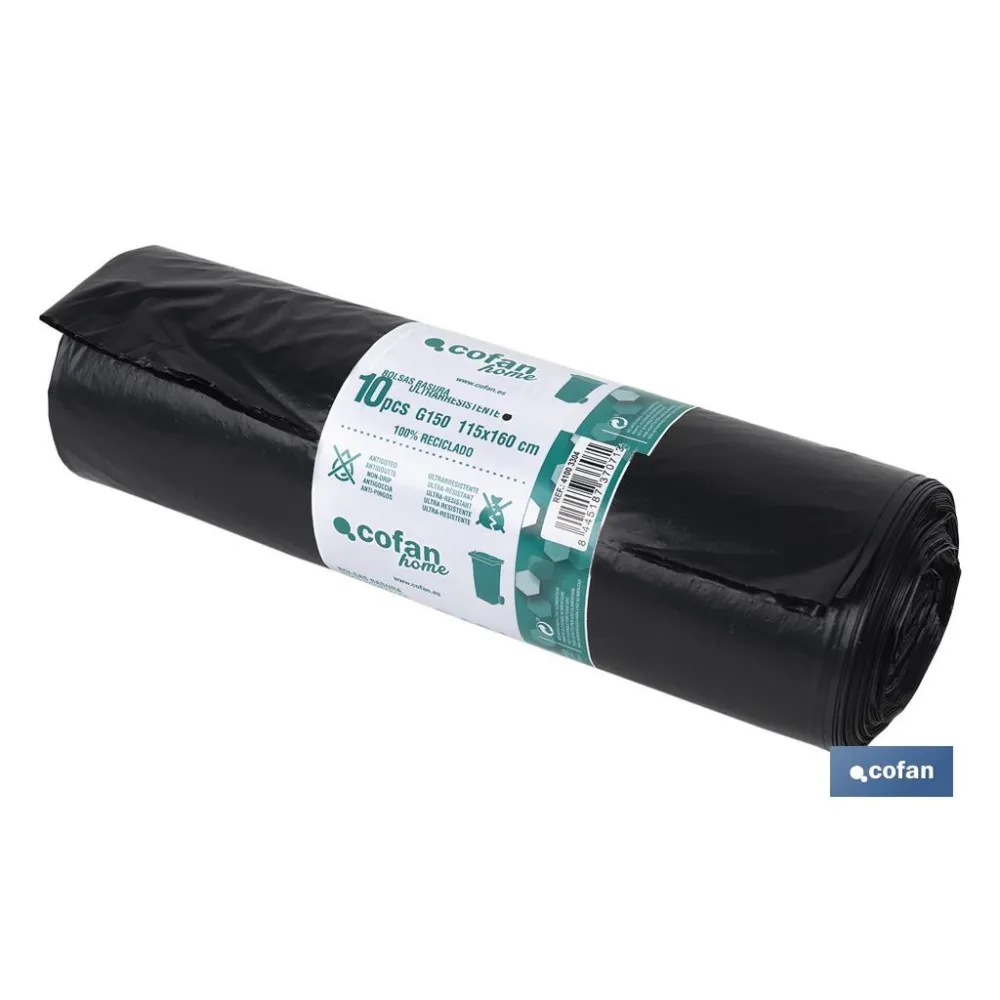 PACK 10 BOLSAS BASURA115x160cm GALGA 150 NEGRO (PACK: 1 UDS) - Almacén de Ferretería Acor