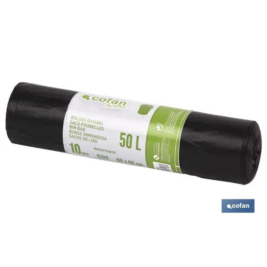 BOLSA DE BASURA 60x80 GALGA 120 50 L COLOR NEGRO 10 UDS. (PACK: 1 UDS) - Almacén de Ferretería Acor