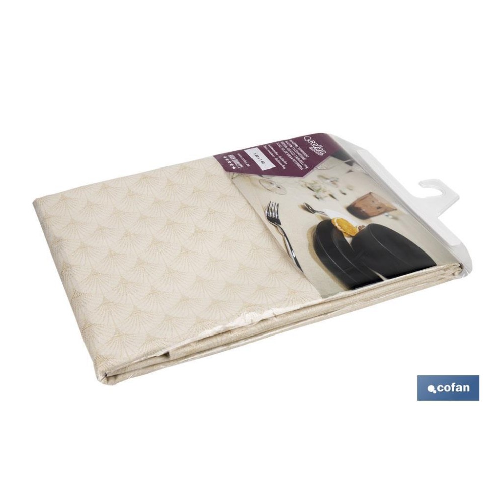 MANTEL ANTIMANCHAS RESINADO CONFECCIONADO 1,40 X 1,40 M 50% PES 45% CO 5% LUREX LINEAS DE ORO
