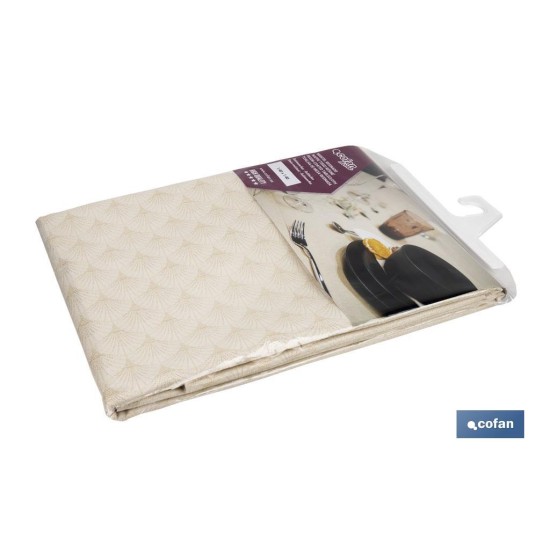 MANTEL ANTIMANCHAS RESINADO CONFECCIONADO 1,40 X 2,0 M 50% PES 45% CO 5% LUREX LINEAS DE ORO