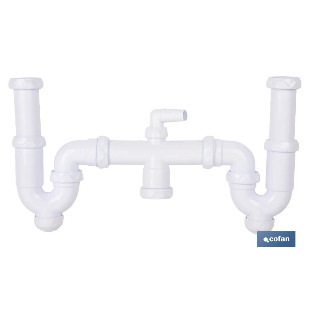 SIFÓN CURVO DOBLE CON SALIDA Ø32-40 MM, RACORES 1 1/2 Y TOMA AUXILIAR (PACK: 1 UDS) - Almacén de Ferretería Acor
