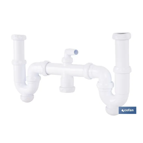 SIFÓN CURVO DOBLE CON SALIDA Ø32-40 MM, RACORES 1 1/2 Y TOMA AUXILIAR (PACK: 1 UDS) - Almacén de Ferretería Acor