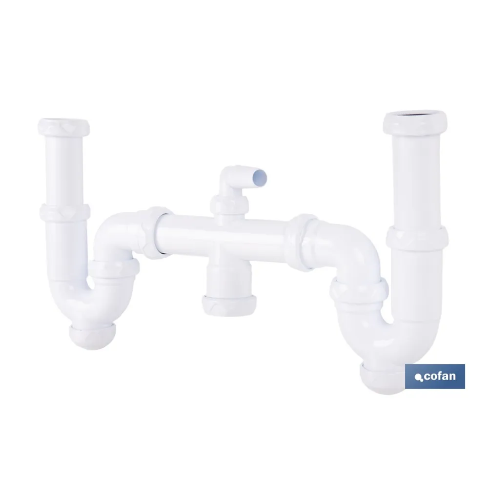 SIFÓN CURVO DOBLE CON SALIDA Ø32-40 MM, RACORES 1 1/2 Y TOMA AUXILIAR (PACK: 1 UDS) - Almacén de Ferretería Acor