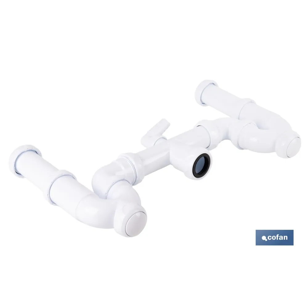 SIFÓN CURVO DOBLE CON SALIDA Ø32-40 MM, RACORES 1 1/2 Y TOMA AUXILIAR (PACK: 1 UDS) - Almacén de Ferretería Acor