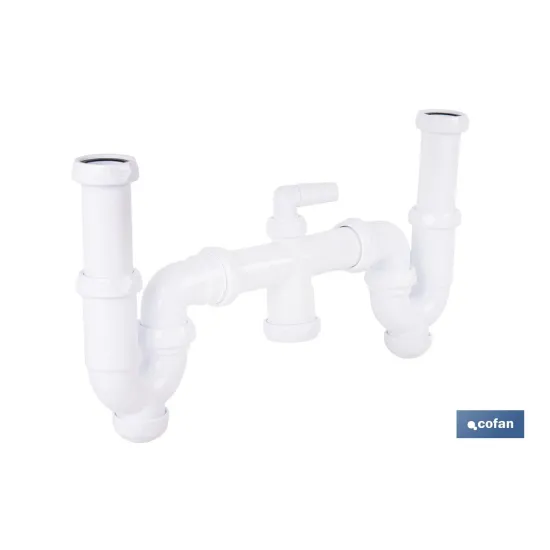SIFÓN CURVO DOBLE CON SALIDA Ø32-40 MM, RACORES 1 1/2 Y TOMA AUXILIAR (PACK: 1 UDS) - Almacén de Ferretería Acor